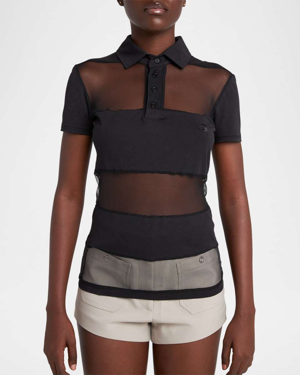 Sheer Striped Short-Sleeve Polo Top